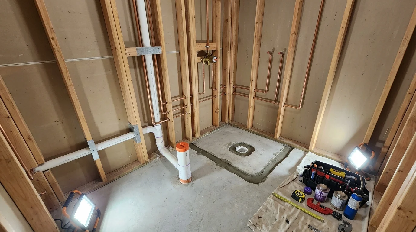 Bathroom rough-in plumbing during remodel by Johns Plumbing LLC in Kokomo