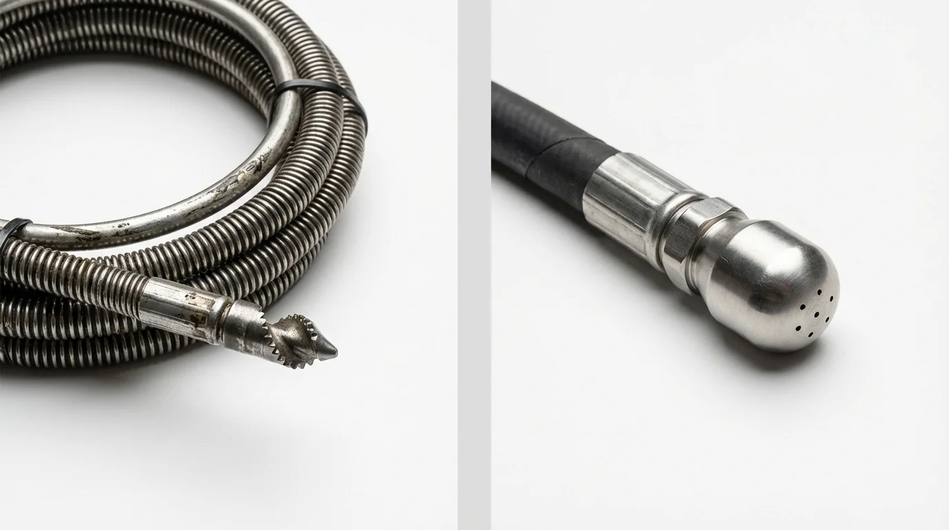 Drain snake cable and hydro jetting nozzle used for drain cleaning in Kokomo, IN