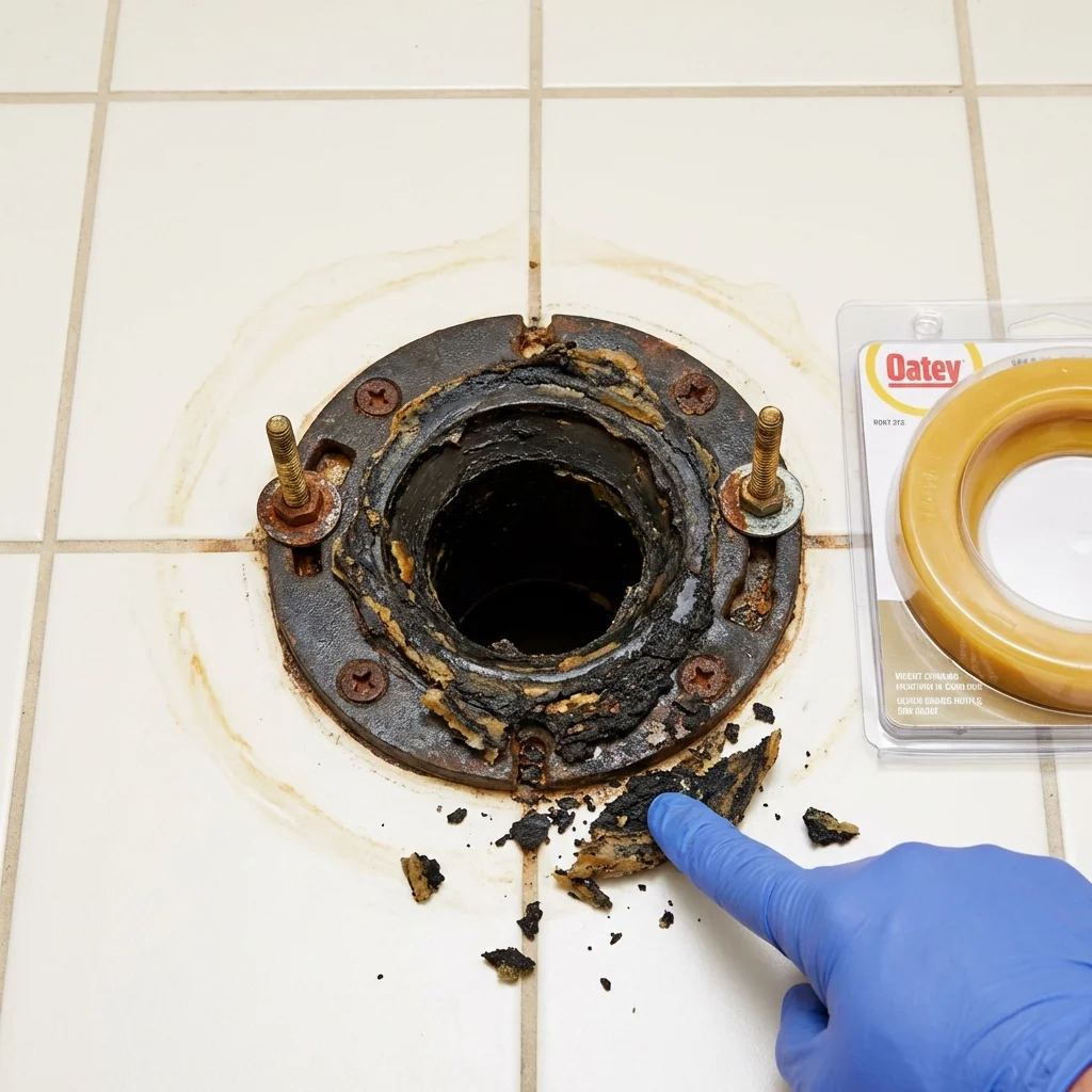 Failed wax ring showing water seepage at the base of a toilet in a Kokomo, IN home
