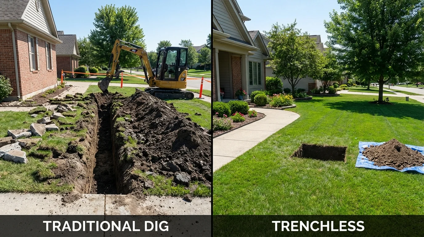 Trenchless sewer repair with minimal yard damage versus traditional excavation in Kokomo, IN