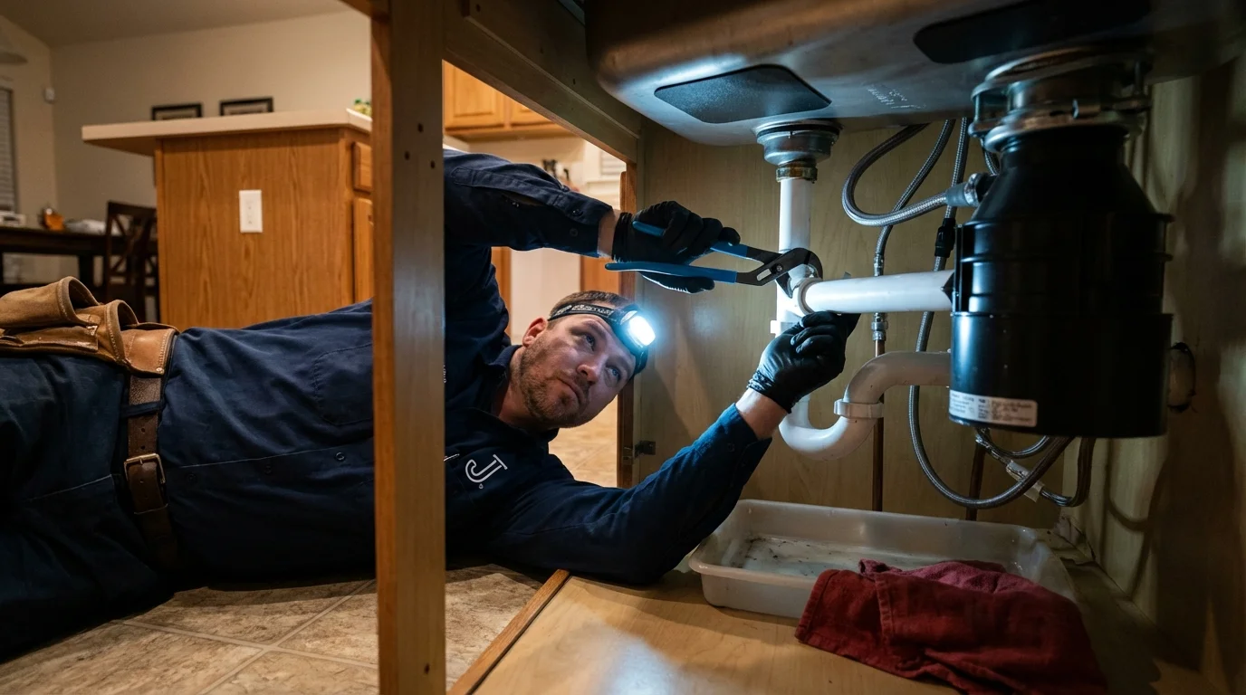 P-trap and supply line connections under a kitchen sink showing a common leak point in Kokomo, IN
